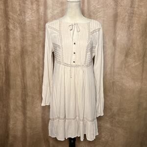 Free People Sweet Treat Mini Shirt Dress Crinkle Long Sleeve Tunic Cream Peasant